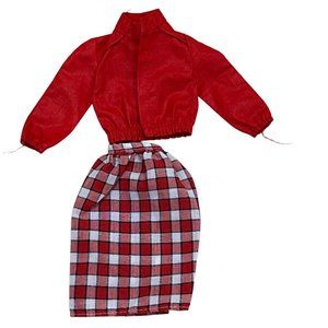 Vintage Barbie Doll Red Long Sleeve Top & Plaid Check Skirt Set